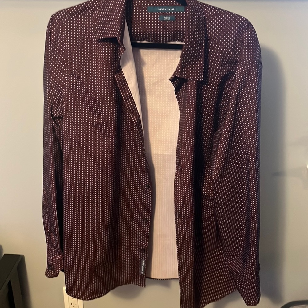 Perry Ellis Maroon With White Dots Pokadot Button Up Dress Shirt